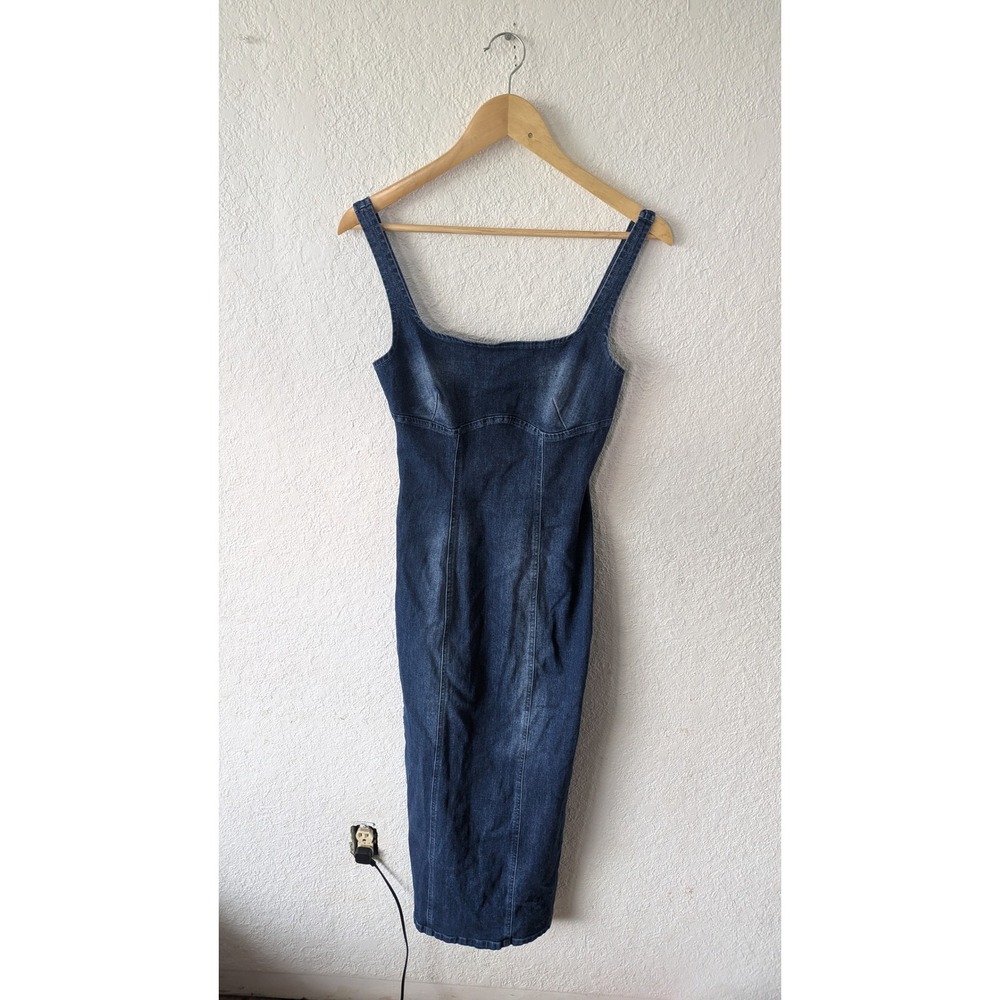 FORE Denim Square Neck Midi Dress Women's Size S Bodycon Sleeveless Blue‎